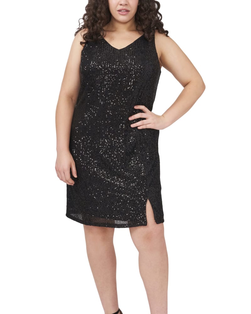 Front of a model wearing a size 14W Phoebe Slip Dress in RICH BLACK by 1.State. | dia_product_style_image_id:262172
